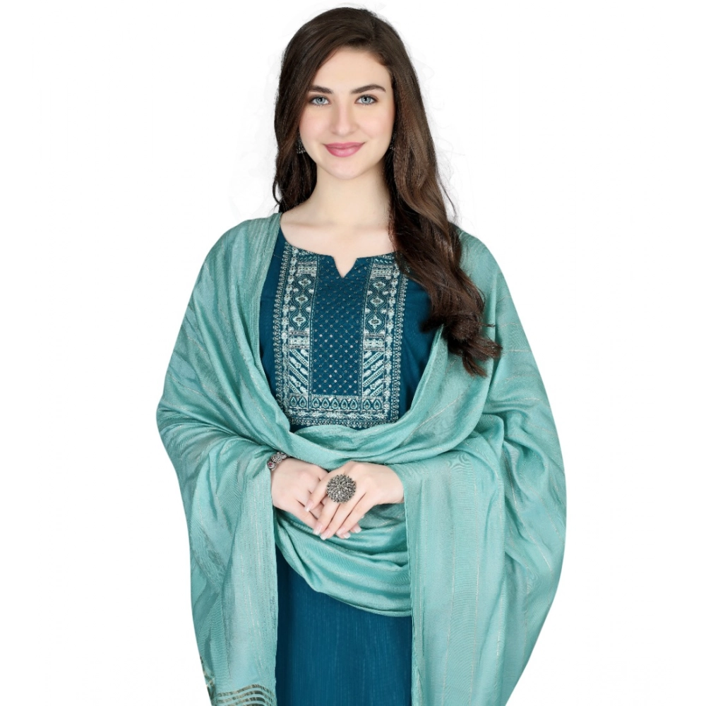 Generic Women's Cotton Blend Embroidered 3-4 th Sleeve V Neck Kurti With Pant Dupatta Set (Indigo) - Image 3