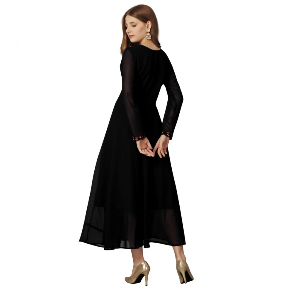 Generic Women's Georgette Embroidered Full Sleeve Round Neck Gown (Black) - Image 5