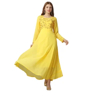 Generic Women's Georgette Embroidered Full Sleeve Round Neck Gown (Yellow )