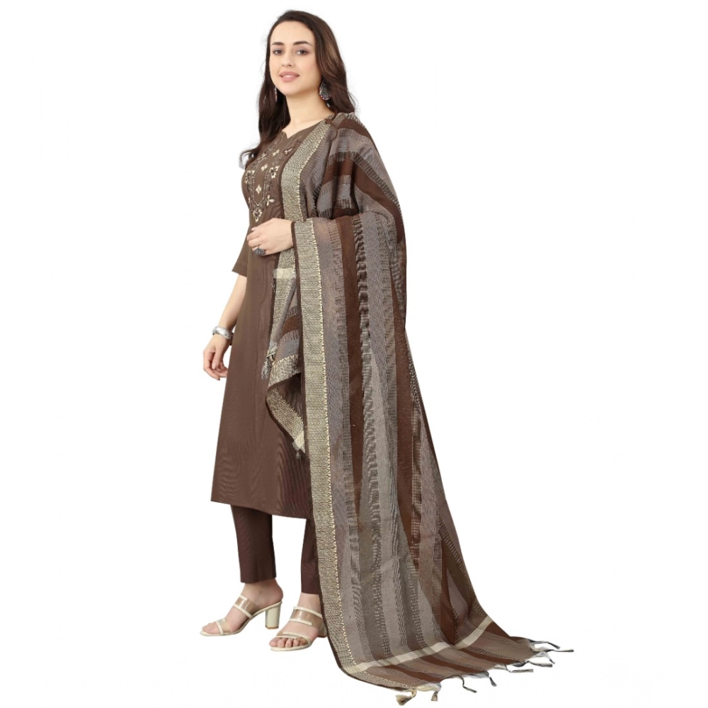 Generic Women's Cotton Blend Mirror Work 3-4 th Sleeve Sweetheart Neck Kurti With Pant Dupatta Set (Brown) - Image 4