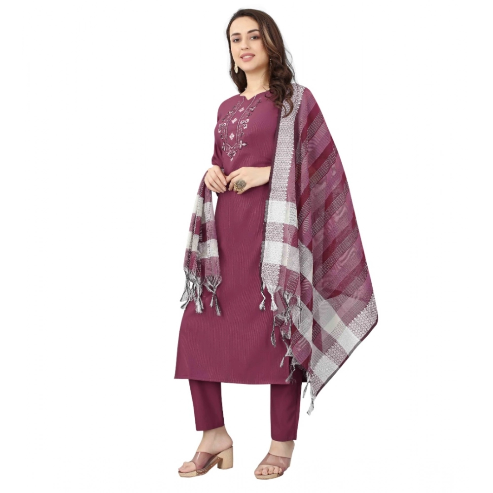 Generic Women's Cotton Blend Mirror Work 3-4 th Sleeve Sweetheart Neck Kurti With Pant Dupatta Set (Purple) - Image 4