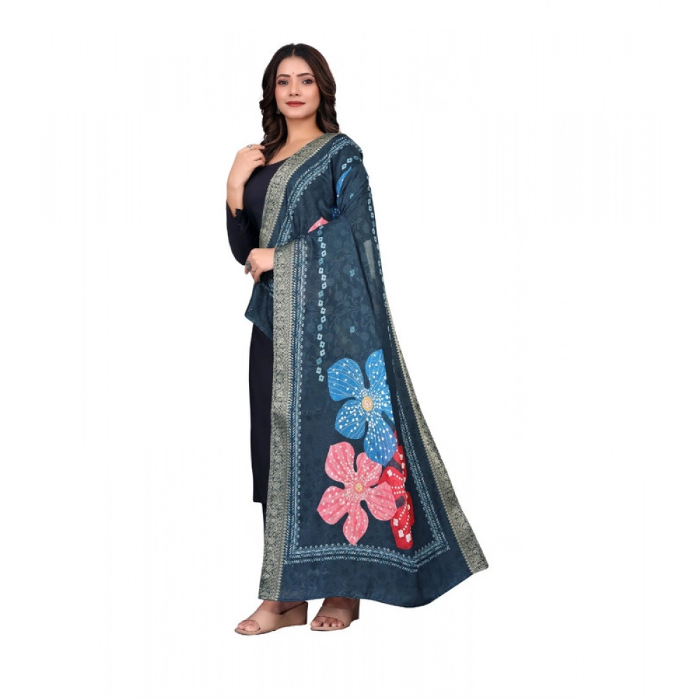 Generic Women's chanderi silk Printed Dupatta (Navy Blue, Length: 2 Mtr) - Image 3