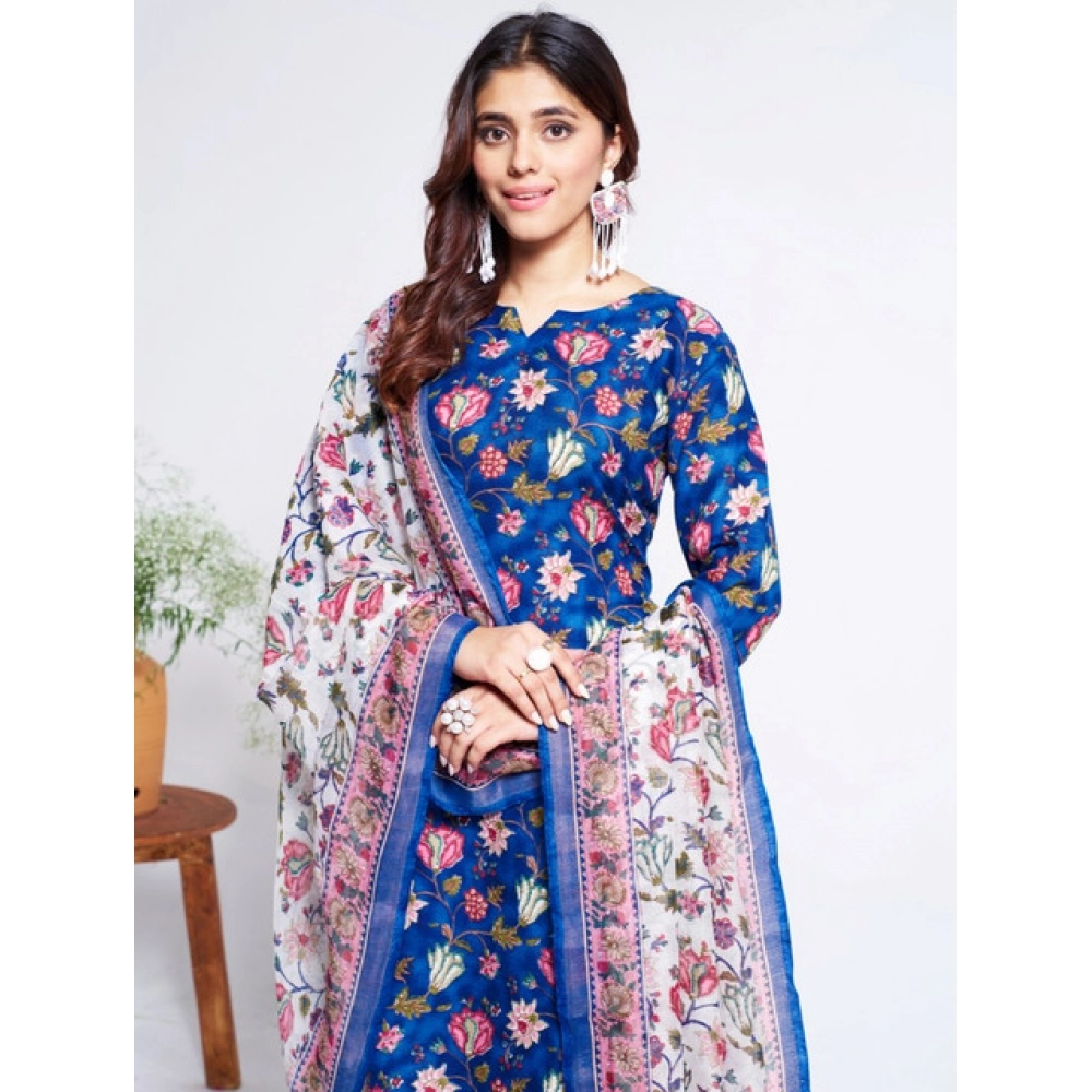 Generic Women's Cotton Blend Printed Kurti With Pant Dupatta Set (Blue) - Image 3