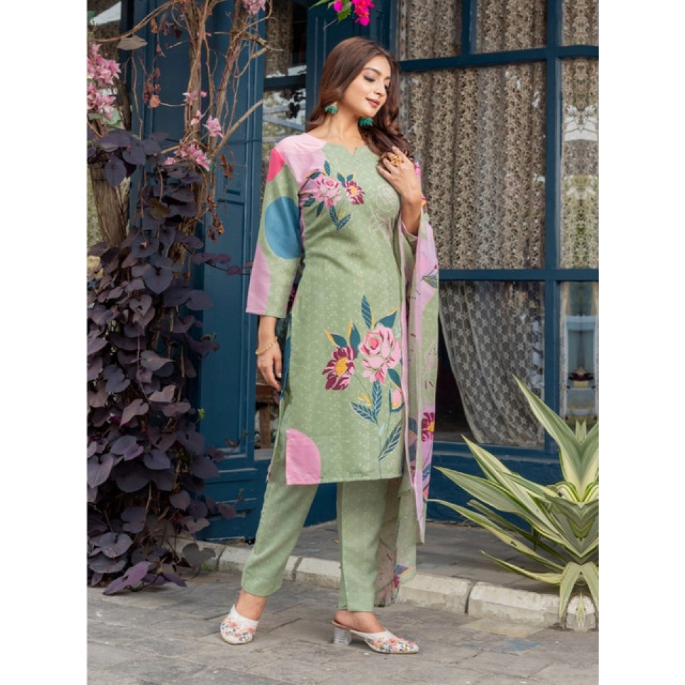 Generic Women's Cotton Blend Printed Kurti With Pant Dupatta Set (Mehendi) - Image 5