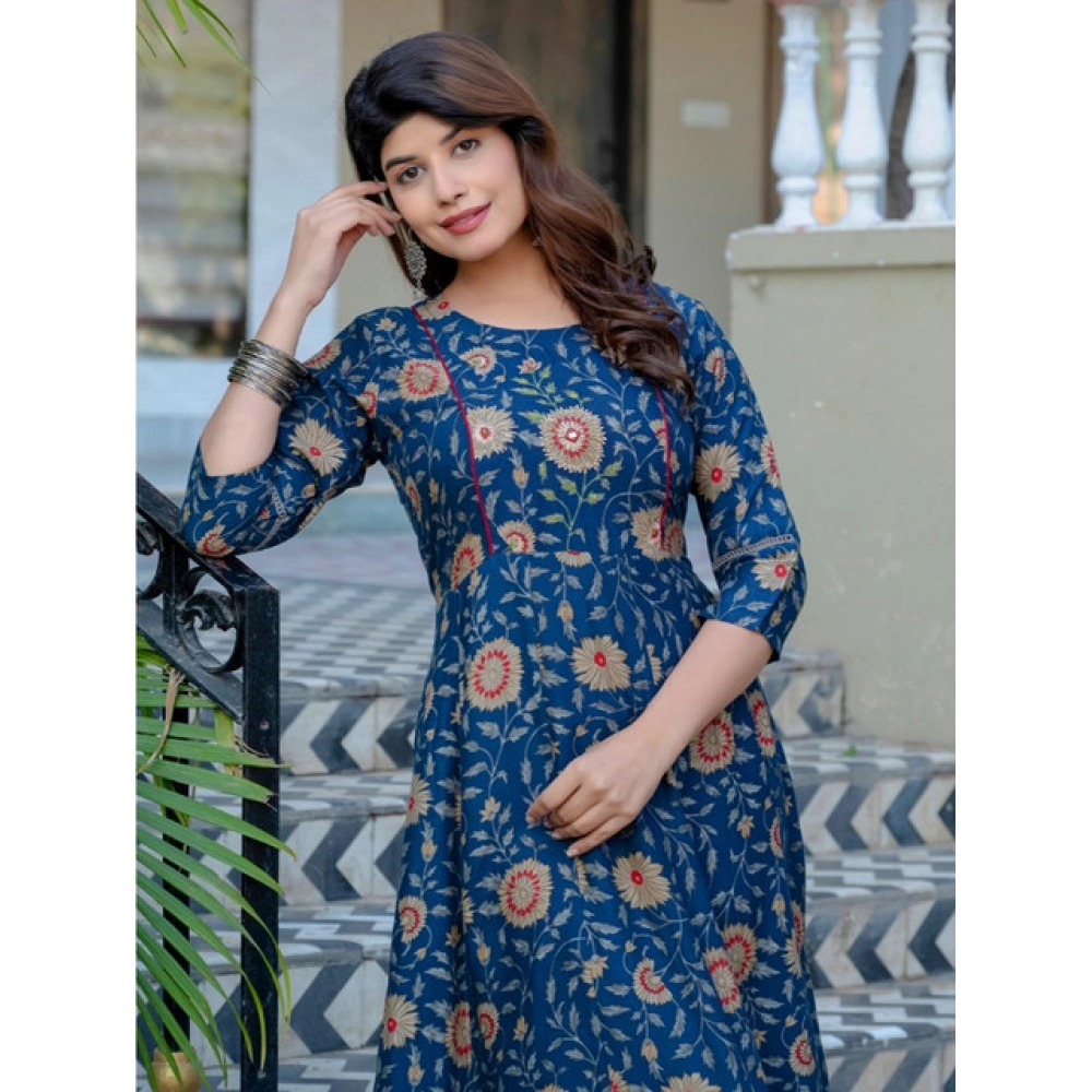 Generic Women's Rayon Print With Embroidery Work A-Line Kurti (Navy Blue) - Image 5