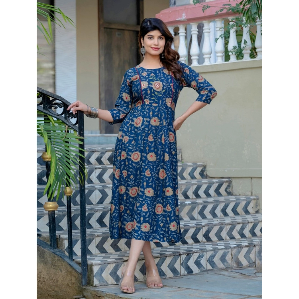 Generic Women's Rayon Print With Embroidery Work A-Line Kurti (Navy Blue) - Image 4