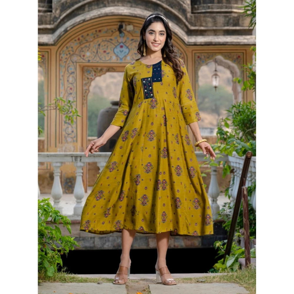 Generic Women's Rayon Print With Embroidery Work A-Line Kurti (Mehendi) - Image 4