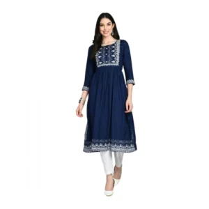 Generic Women's Casual Rayon 3-4th Sleeves Kurti (Blue)