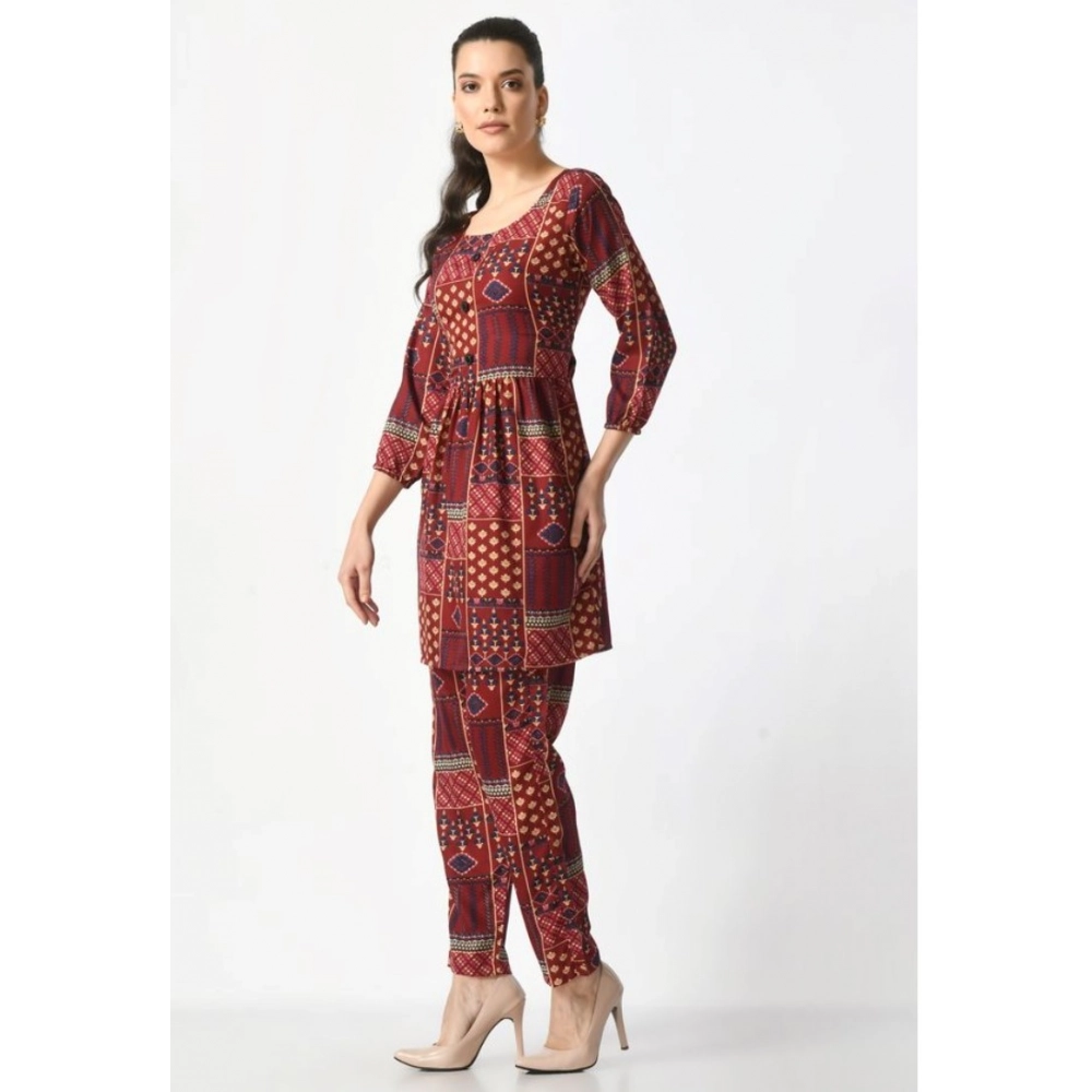 Generic Women's Casual Crepe 3-4th Sleeves Cord Set (Maroon) - Image 3