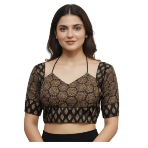 Generic Women's Ajrakh Cotton Printed Sweetheart Padded Blouse (Black 38 Ready (Self Alterable 36–40)