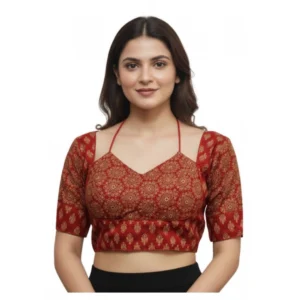 Generic Women's Ajrakh Cotton Printed Sweetheart Padded Blouse (Red 38 Ready (Self Alterable 36–40)