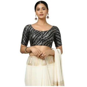 Generic Women's Jacquard Zari Round Neck Padded Blouse (Black 38 Ready (Self Alterable 36–40)