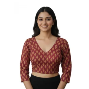 Generic Women's Ajrakh Cotton Printed Halter Neck Padded Blouse (Maroon 38 Ready (Self Alterable 36–40)