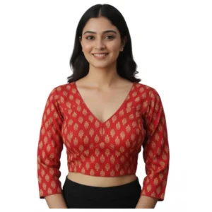 Generic Women's Ajrakh Cotton Printed Halter Neck Padded Blouse (Red 38 Ready (Self Alterable 36–40)
