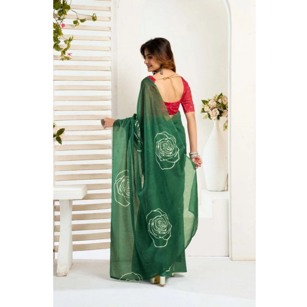Generic Women's Faux_Linen Printed Ready-to-Wear Saree With Unstitched Blouse 5.5 Mtr (Dark_Green) - Image 4