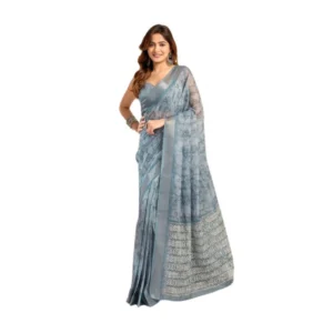 Generic Women's Faux_Linen Printed Ready-to-Wear Saree With Unstitched Blouse 5.5 Mtr (Light_Blue)