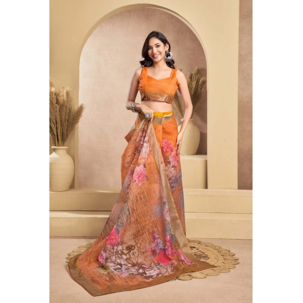 Generic Women's Faux_Linen Printed Ready-to-Wear Saree With Unstitched Blouse 5.5 Mtr (Orange) - Image 3