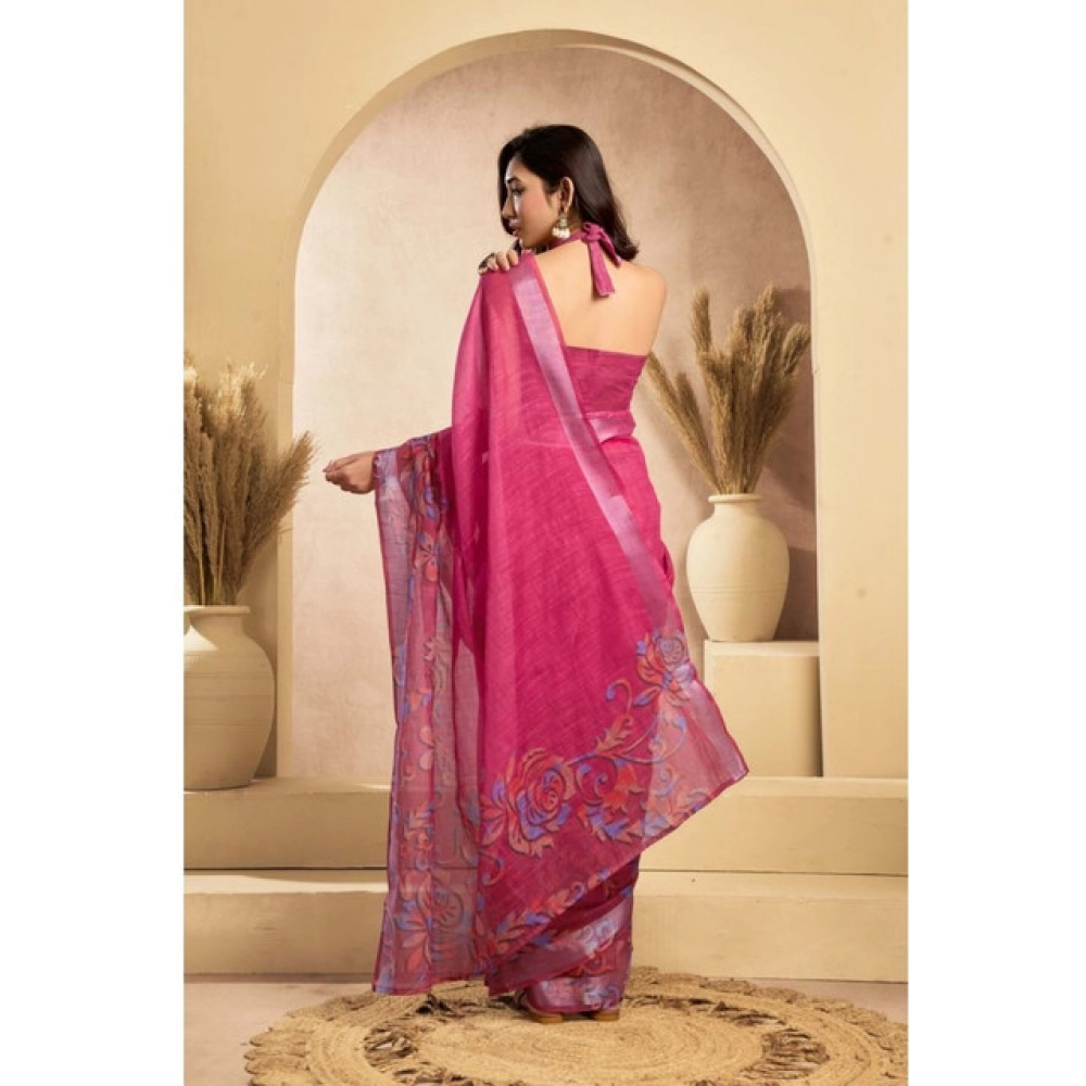 Generic Women's Faux_Linen Printed Ready-to-Wear Saree With Unstitched Blouse 5.5 Mtr (Pink) - Image 4