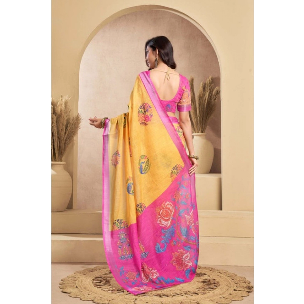 Generic Women's Faux_Linen Printed Ready-to-Wear Saree With Unstitched Blouse 5.5 Mtr (Yellow) - Image 4
