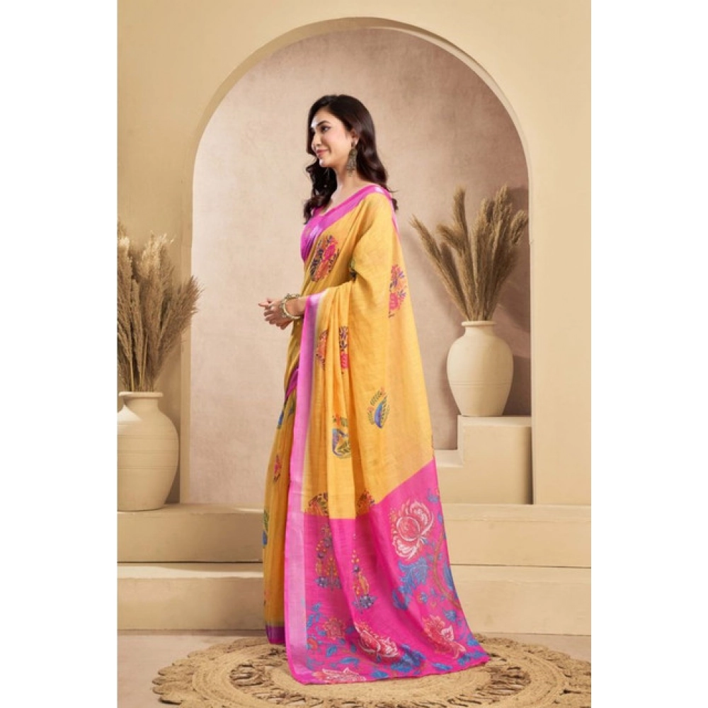 Generic Women's Faux_Linen Printed Ready-to-Wear Saree With Unstitched Blouse 5.5 Mtr (Yellow) - Image 3