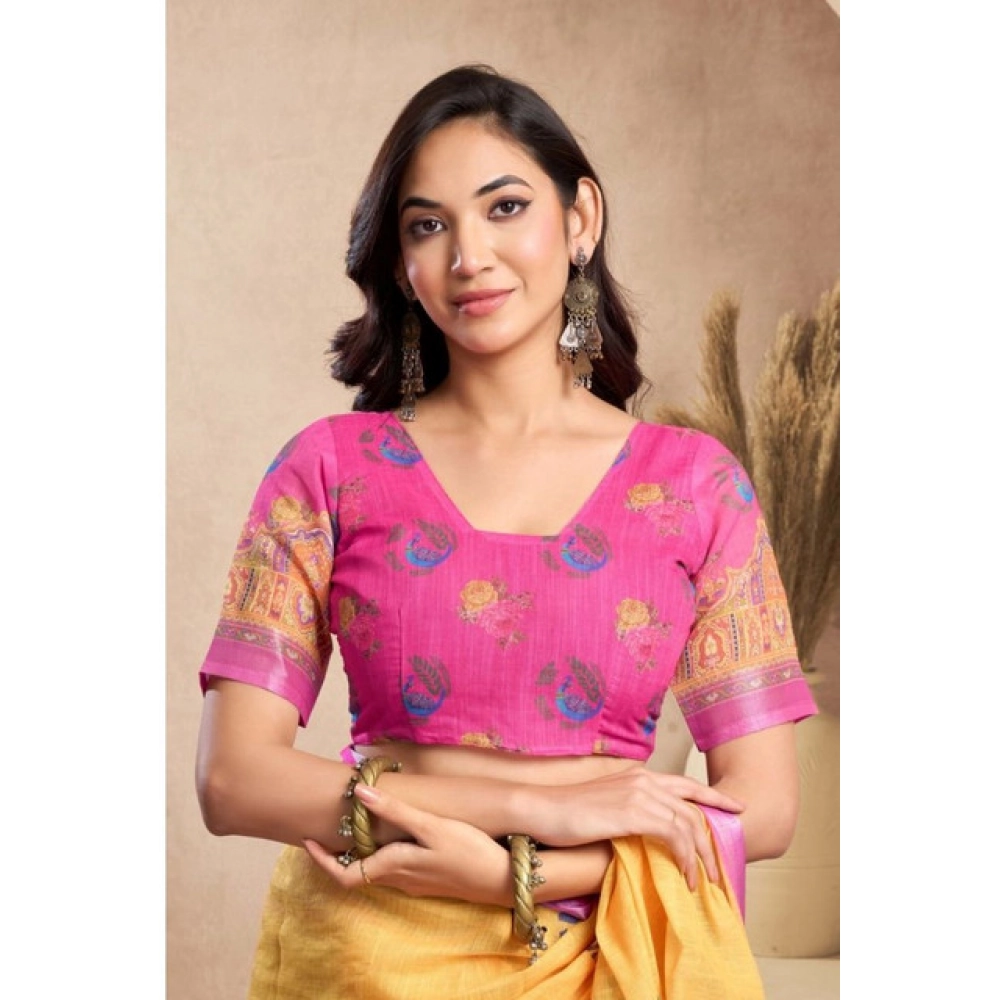 Generic Women's Faux_Linen Printed Ready-to-Wear Saree With Unstitched Blouse 5.5 Mtr (Yellow) - Image 2