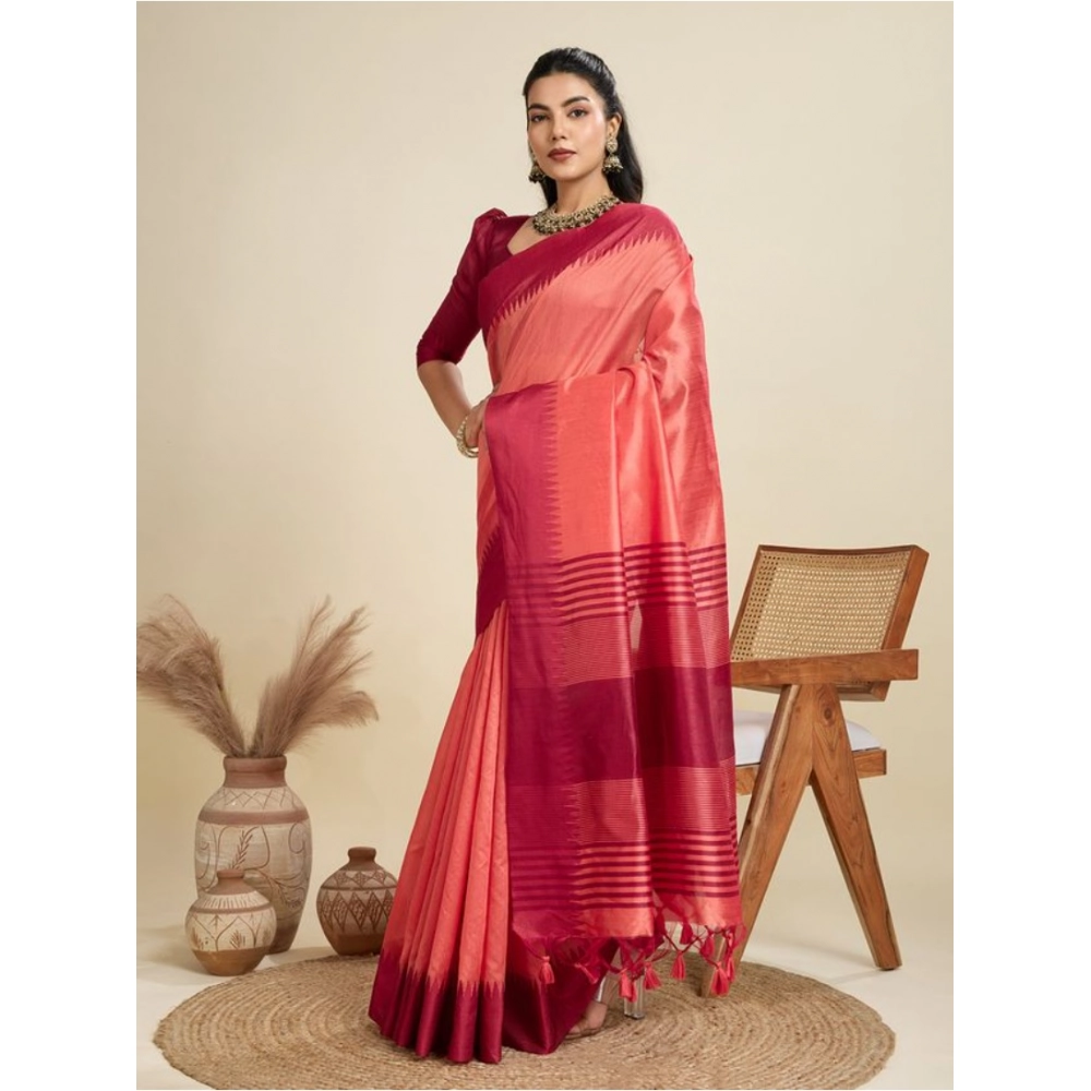Generic Women's Raw_Silk Woven Saree With Unstitched Blouse 5.5Mtr (Peach) - Image 4
