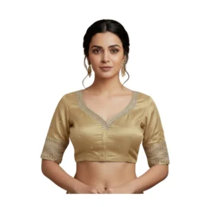 Generic Women's Vichitra Silk V Neck Padded Blouse (Beige, 38 Ready Size (Self-Alterable 36–40)