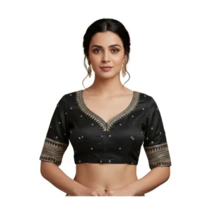 Generic Women's Vichitra Silk V Neck Padded Blouse (Black, 38 Ready Size (Self-Alterable 36–40)