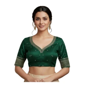 Generic Women's Vichitra Silk V Neck Padded Blouse (D-Green, 38 Ready Size (Self-Alterable 36–40)