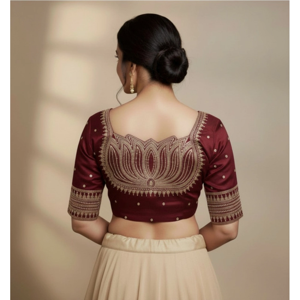 Generic Women's Vichitra Silk V Neck Padded Blouse (Maroon, 38 Ready Size (Self-Alterable 36–40) - Image 2