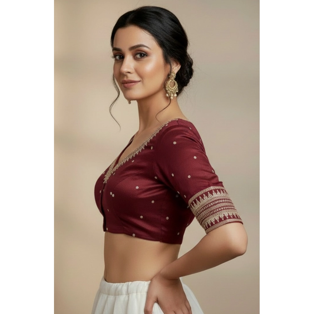 Generic Women's Vichitra Silk V Neck Padded Blouse (Maroon, 38 Ready Size (Self-Alterable 36–40) - Image 3