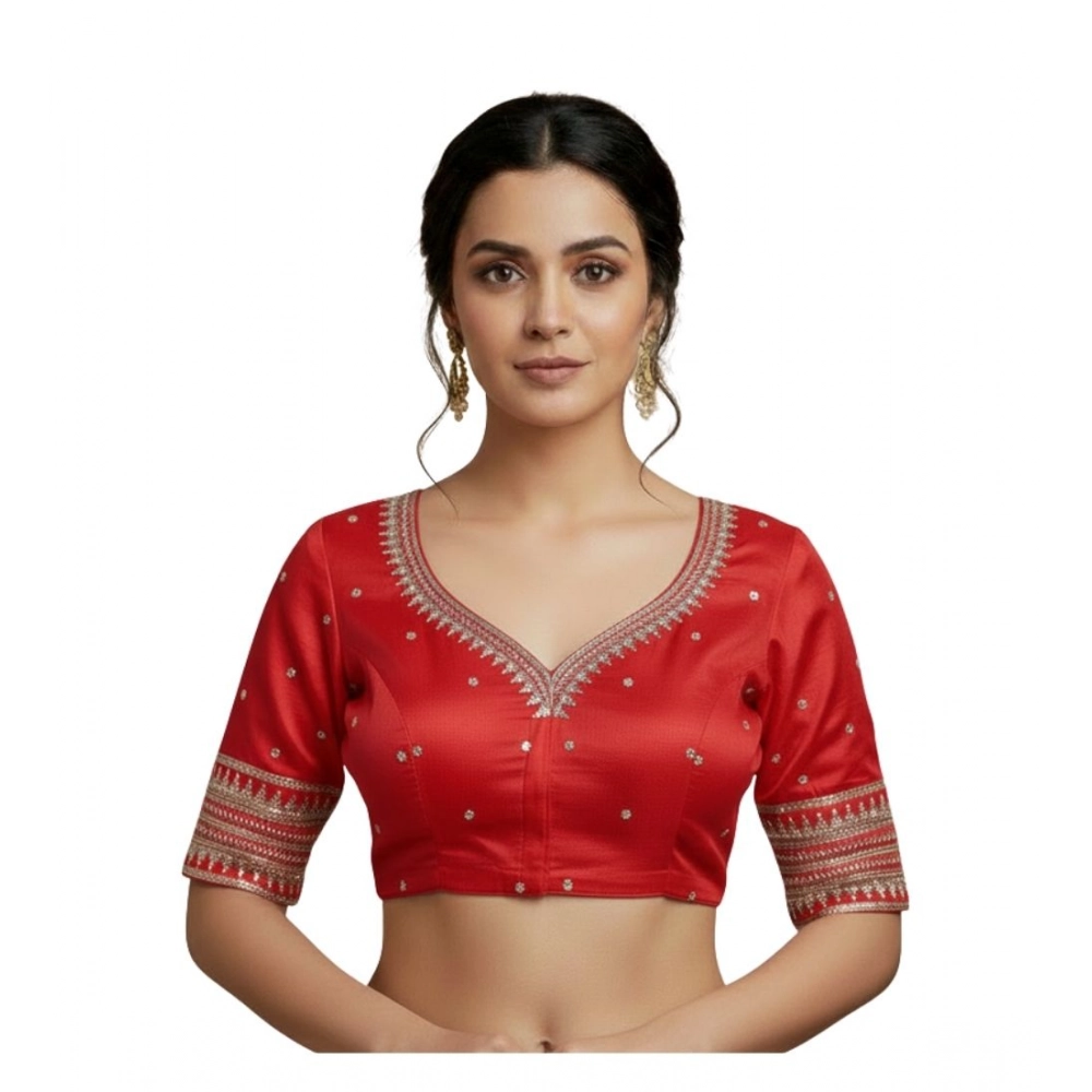 Generic Women's Vichitra Silk V Neck Padded Blouse (Red, 38 Ready Size (Self-Alterable 36–40)