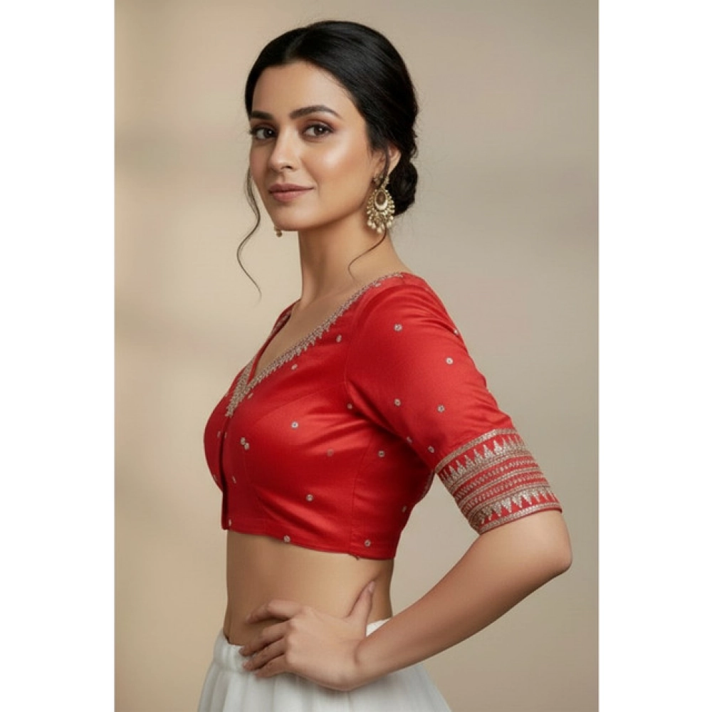 Generic Women's Vichitra Silk V Neck Padded Blouse (Red, 38 Ready Size (Self-Alterable 36–40) - Image 2