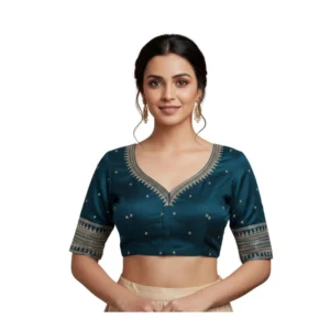 Generic Women's Vichitra Silk V Neck Padded Blouse (Teal, 38 Ready Size (Self-Alterable 36–40)