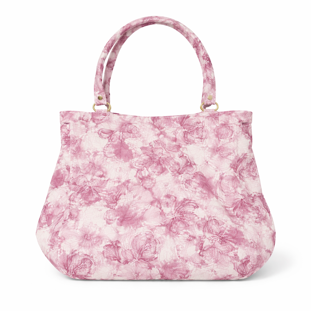 Pink Floral Print Handbag with Soft Padded Handles, Decorative Front Bow, and Gold Accent Hardware – Elegant Lightweight Tote for Everyday and Casual Use - Image 2