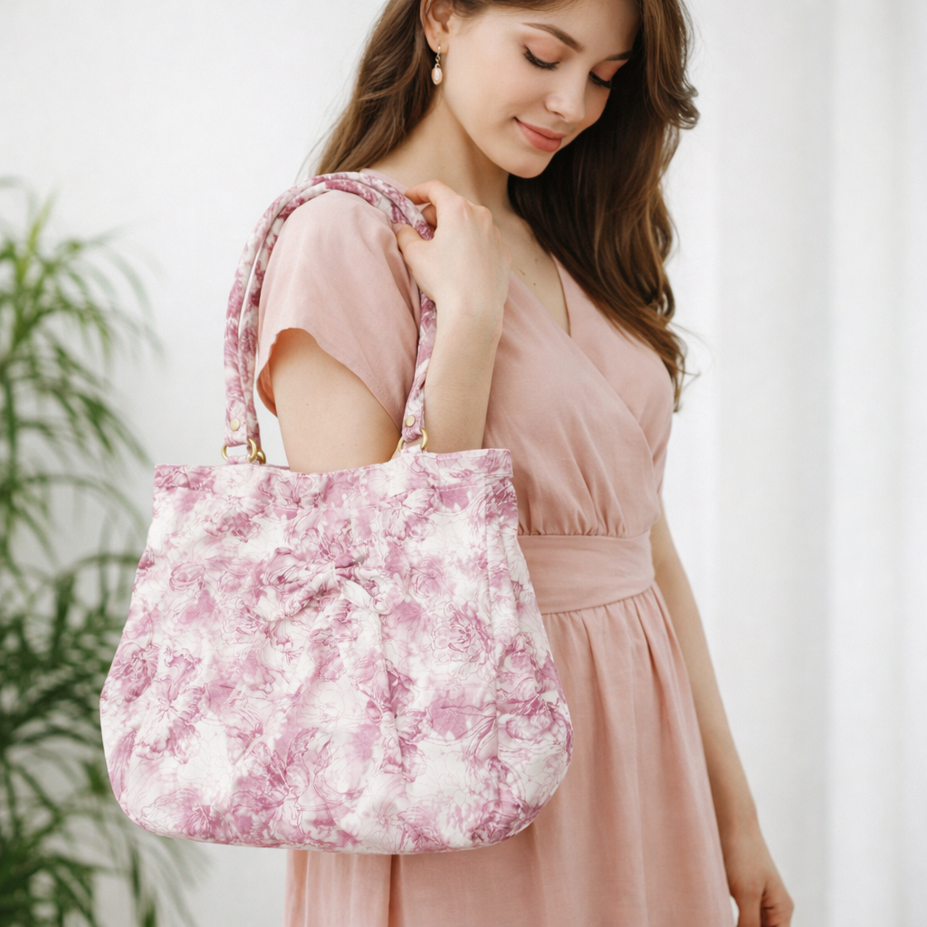 Pink Floral Print Handbag with Soft Padded Handles, Decorative Front Bow, and Gold Accent Hardware – Elegant Lightweight Tote for Everyday and Casual Use - Image 3