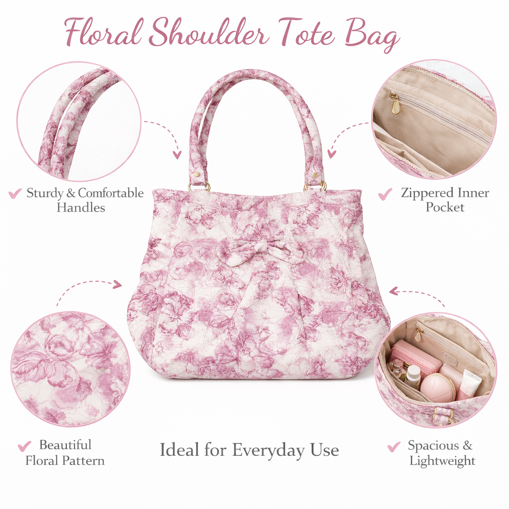 Pink Floral Print Handbag with Soft Padded Handles, Decorative Front Bow, and Gold Accent Hardware – Elegant Lightweight Tote for Everyday and Casual Use - Image 5
