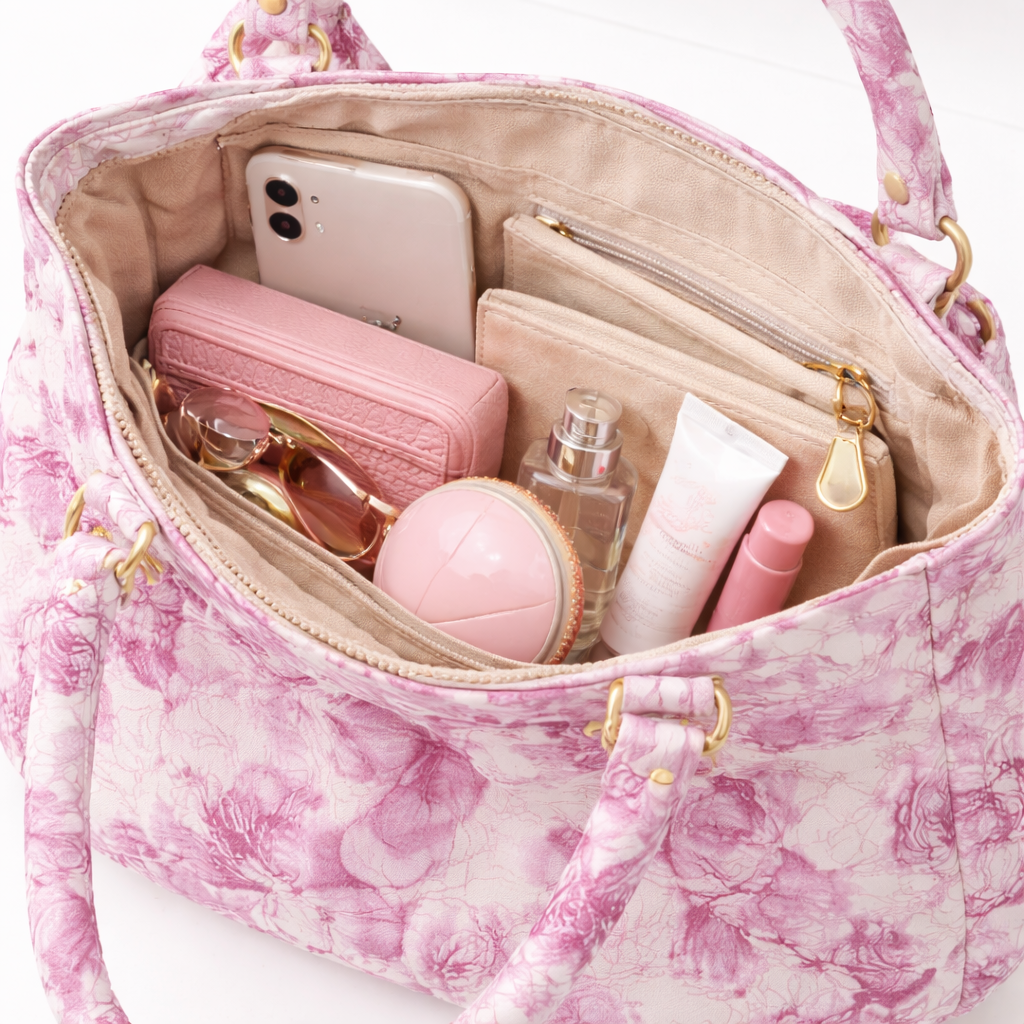 Pink Floral Print Handbag with Soft Padded Handles, Decorative Front Bow, and Gold Accent Hardware – Elegant Lightweight Tote for Everyday and Casual Use - Image 7